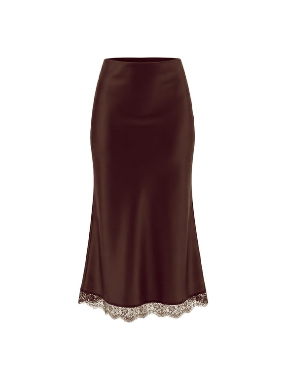 Women's Elegant Satin Midi Skirt, Silk-like Lace Trim A-Line Slip Skirt, Slim Fit High Waist Tea Length Satin Skirt with Lace Hem