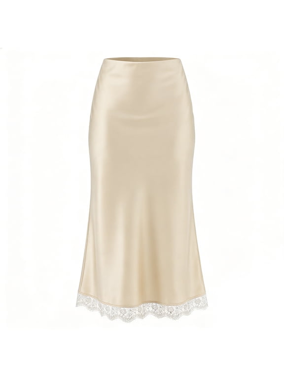 Women's Elegant Satin Midi Skirt, Silk-like Lace Trim A-Line Slip Skirt, Slim Fit High Waist Tea Length Satin Skirt with Lace Hem