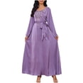 thumbnail image 1 of Women's Elegant Satin Rhinestone Printed Maxi Dress Long Sleeve Crew Neck Long Dress with Belt Fashion Casual Dresses, 1 of 5