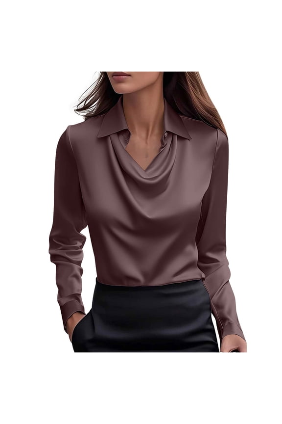 Women's Elegant Satin Silk Blouse Cowl Neck Ruched Front Draped Long Sleeve Work Office Shirt Fall Tops for Women