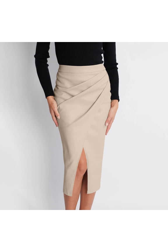 Women's Elegant Satin Silky High Waist Zipper Side Split Slit A Line Midi Skirt Beige Xl