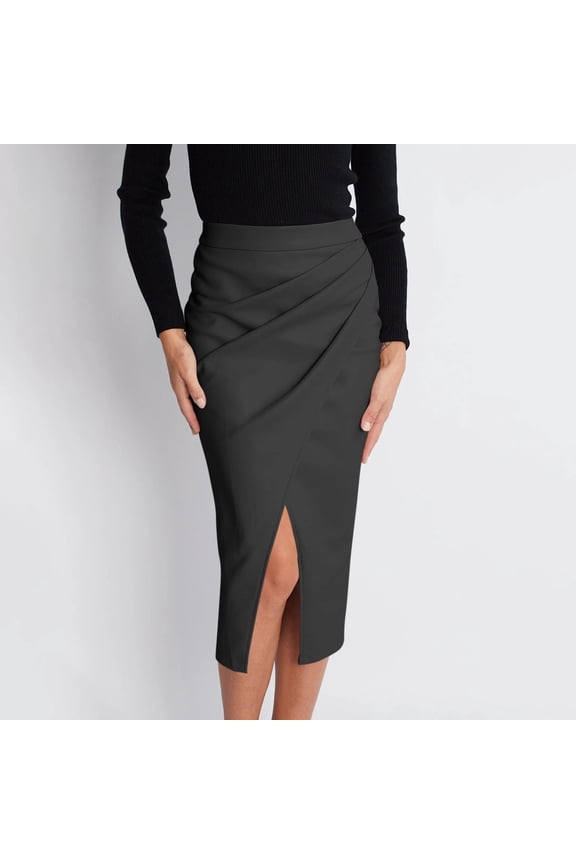 Women's Elegant Satin Silky High Waist Zipper Side Split Slit A Line Midi Skirt Black Xl