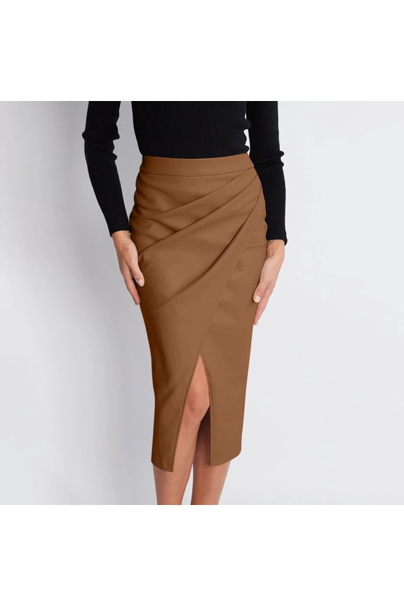 Women's Elegant Satin Silky High Waist Zipper Side Split Slit A Line Midi Skirt Brown S