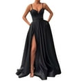 thumbnail image 1 of Women's Elegant Satin V Neck Slit Party Dress Backless Strap Formal Casual Summer Dress, 1 of 2