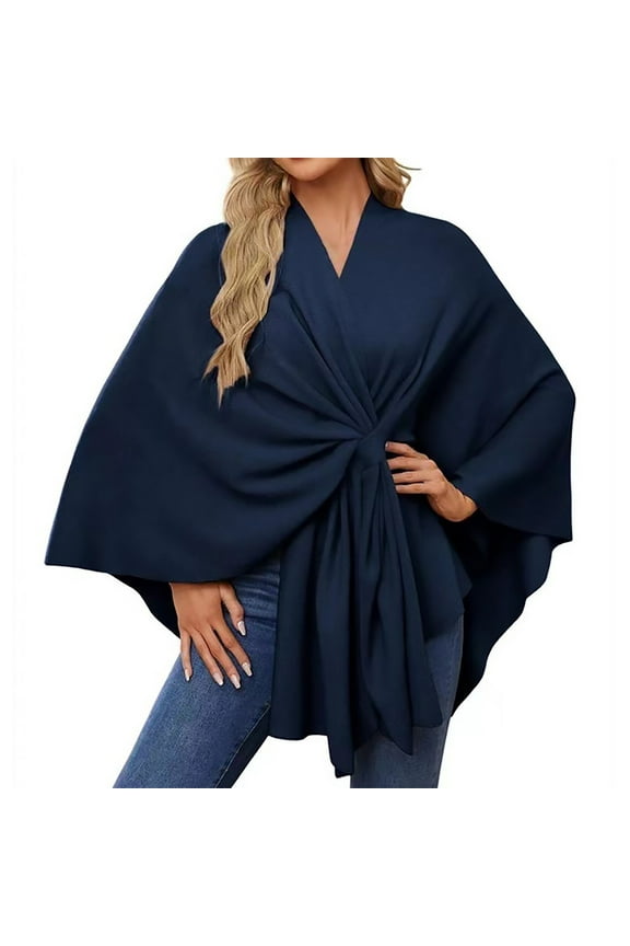 Women's Elegant Shawl, Soft Open Front Poncho Sweater, Cardigan Shawl Wrap for Spring Fall Winter, Knit Poncho for Office, Travel and Casual Wear-Navy