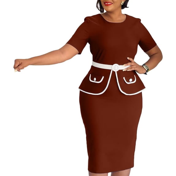 Women's Elegant Sheath Dresses Belted Ruched Work Cocktail Party Midi Dress