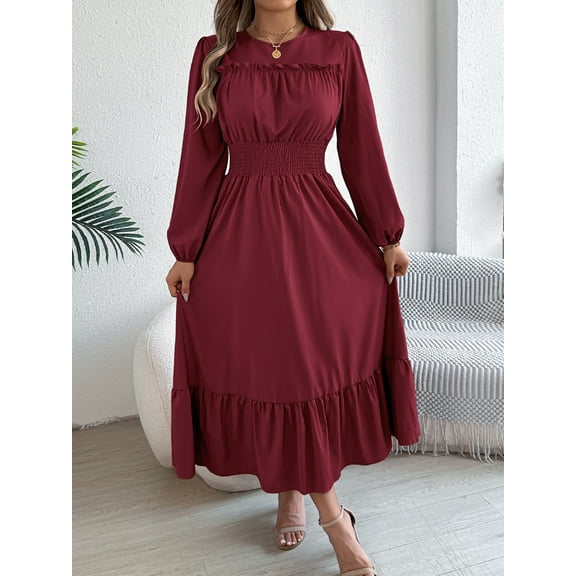 Women's Elegant Shirred Waist Ruffle Hem Dress Scoop Neck Casual Long Sleeve Dress