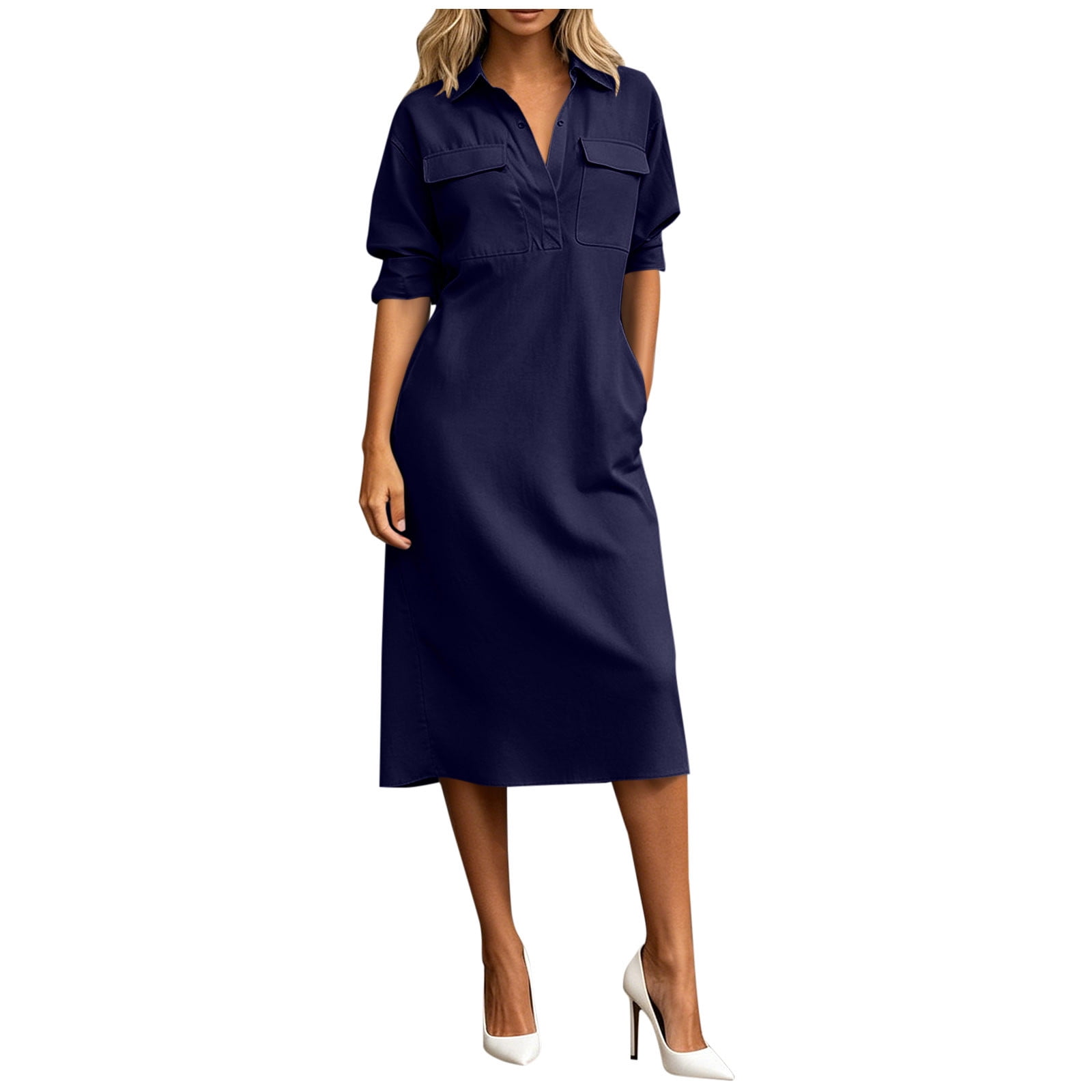 navy midi shift dress Elegant Midi Shift Dress with V-Neck and Short Sleeve in Navy Blue |  Bergamo