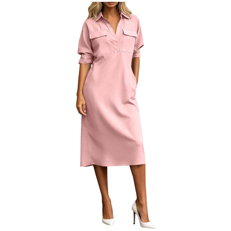 Women's Elegant Shirt Midi Dress Collared V Neck Loose Shift Dress Roll Cuffed 3/4 Sleeve Business Casual Dress with Chest Pockets Pink