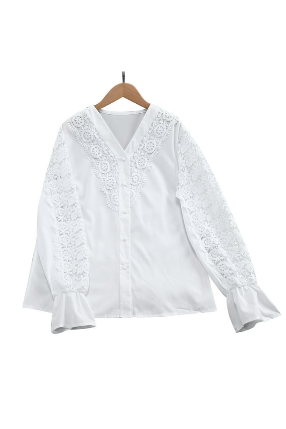 Women’s Elegant Shirts V-Neck Lace Long Sleeve Blouse Button Down Tops French Style 2025 Trendy Neckline-Modifying Design Lace Panel Detail Breathable Casual Wear