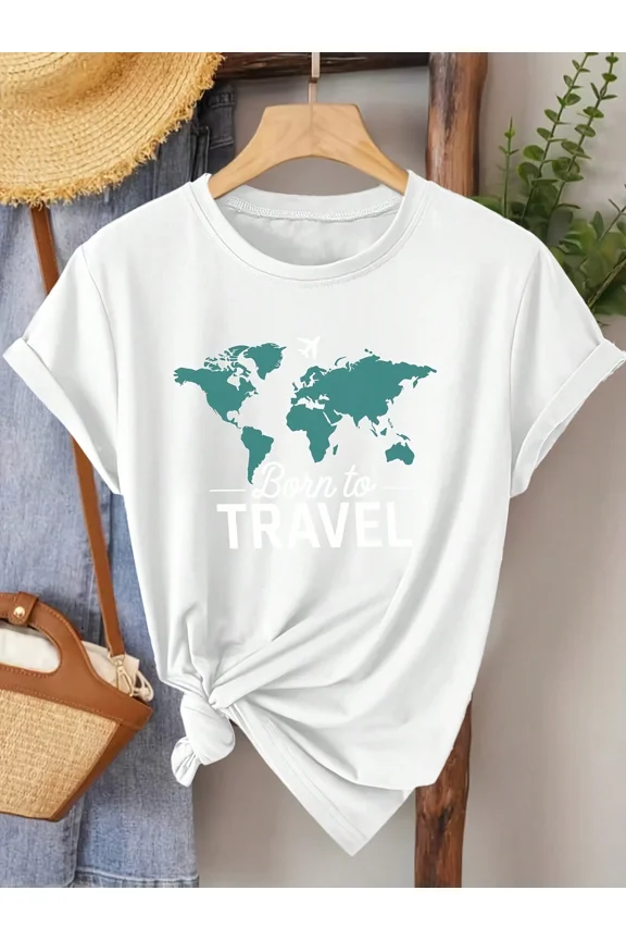 Women's Elegant Short Sleeve T-Shirt With World Map Travel Quote Print, Round Neck, Suitable For Spring, Summer, And Autumn. Fashionable Commute, Vacation, Daily Wear, Versatile Ca