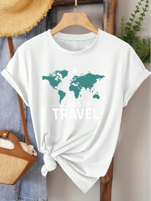 Women's Elegant Short Sleeve T-Shirt With World Map Travel Quote Print, Round Neck, Suitable For Spring, Summer, And Autumn. Fashionable Commute, Vacation, Daily Wear, Versatile Ca