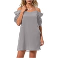 thumbnail image 1 of Women's Elegant Off Shoulder Mini Dress Cold Shoulder Puff Sleeve Spaghetti Strap V Neck A-Line Flowy Swing Dress For Wedding Guest Cocktail Party Summer Date, 1 of 5