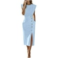 thumbnail image 1 of Women's Elegant Side Slit Button Dress Mock Neck Cap Sleeve Trendy Slim Fit Long Midi Dresses, 1 of 5