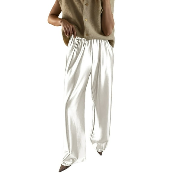 Women's Elegant Silk Pants High Waist Soft Solid Straight Leg Trousers with Pocket