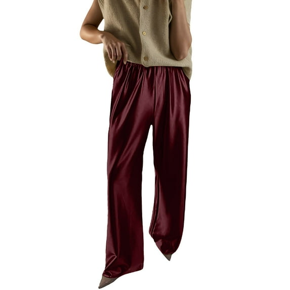 Women's Elegant Silk Pants High Waist Soft Solid Straight Leg Trousers with Pocket