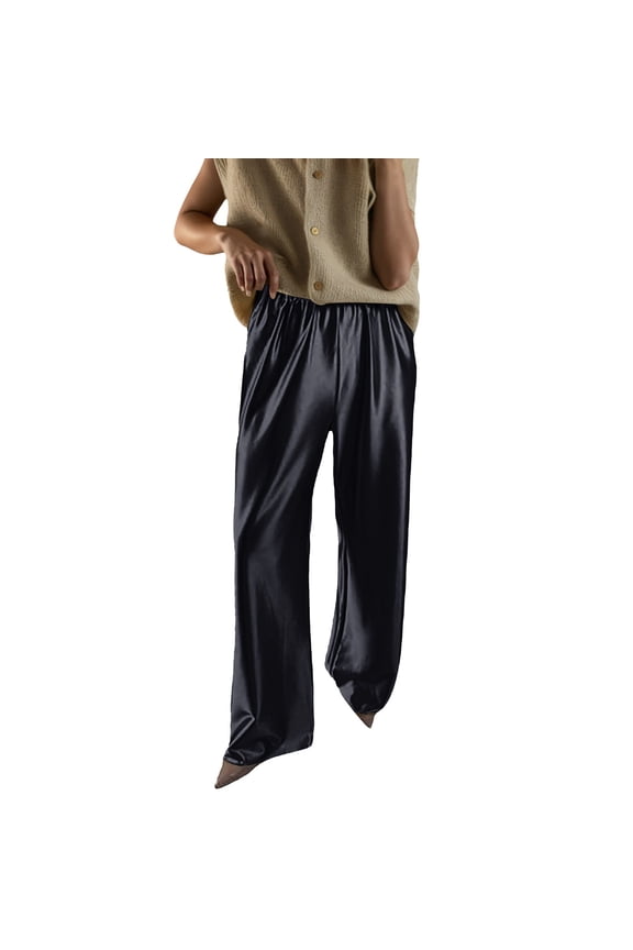 Women's Elegant Silk Pants High Waist Soft Solid Straight Leg Trousers with Pocket