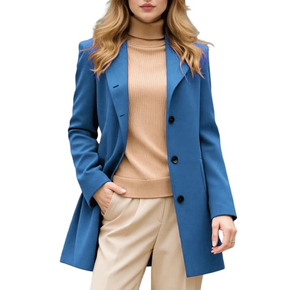 Women's Elegant Single-Breasted Wool Coat - Mid-Length Solid Color Long-Sleeved Winter Outerwear, Royal Blue, XL