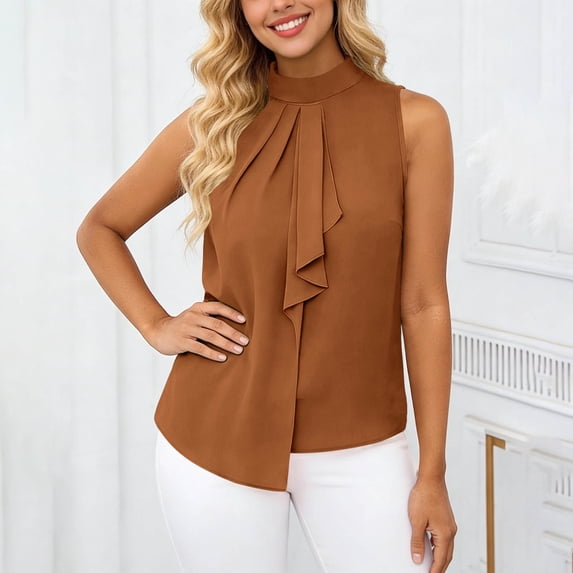 Women's Elegant Sleeveless Blouses Tie Back Pleated Dressy Work Tops Business Casual Outfits Ruffle Trim Mock Neck Sleeveless Summer Blouses Shirts Tank Tops