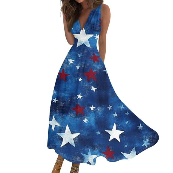 Women's Elegant Sleeveless Dress with Patriotic Print, V-Neck Loose Fit Design, Long Casual Sundress for Summer Outings,Blue M