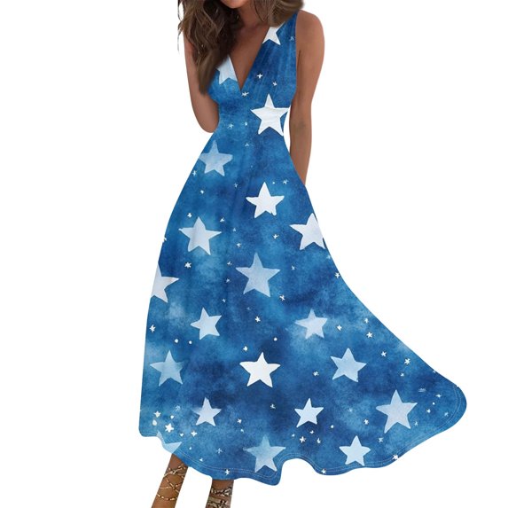 Women's Elegant Sleeveless Dress with Patriotic Print, V-Neck Loose Fit Design, Long Casual Sundress for Summer Outings,Light Blue S