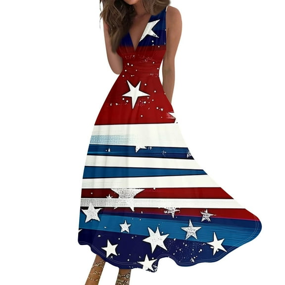 Women's Elegant Sleeveless Dress with Patriotic Print, V-Neck Loose Fit Design, Long Casual Sundress for Summer Outings,Multicolor 2XL