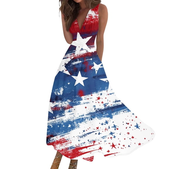 Women's Elegant Sleeveless Dress with Patriotic Print, V-Neck Loose Fit Design, Long Casual Sundress for Summer Outings,White M