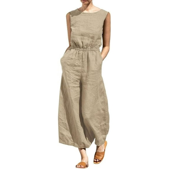 Women's Elegant Sleeveless Linen Jumpsuits Casual Wide Leg Jumpsuit Pants Romper