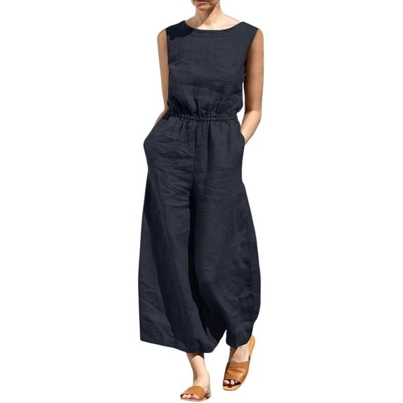 Women's Elegant Sleeveless Linen Jumpsuits Casual Wide Leg Jumpsuit Pants Romper