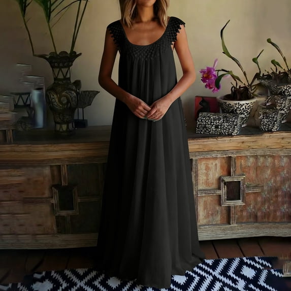 Women's Elegant Sleeveless Maxi Dress Scoop Neck Lace Patchwork Trim Flowy A-Line Long Dress Breathable Loose Fit Casual Beach Vacation Evening Party Dress