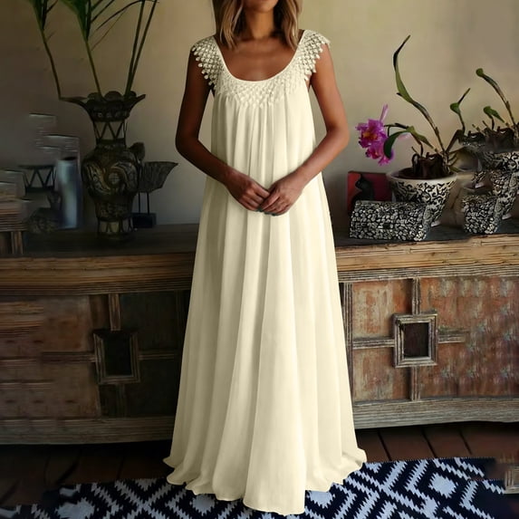 Women's Elegant Sleeveless Maxi Dress Scoop Neck Lace Patchwork Trim Flowy A-Line Long Dress Breathable Loose Fit Casual Beach Vacation Evening Party Dress