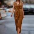 thumbnail image 1 of Women's Elegant Sleeveless Maxi Wrap Dress V Neck Ruched Side Split Drape Hem Formal Gown Silky Satin Feel Cocktail Party Wedding Guest Evening Event Flattering Bodycon Silhouette, 1 of 6