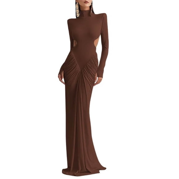 Women's Elegant Slim-Fit Long Dress with High Neck, Long Sleeves & Pleated Backless Detail Brown M