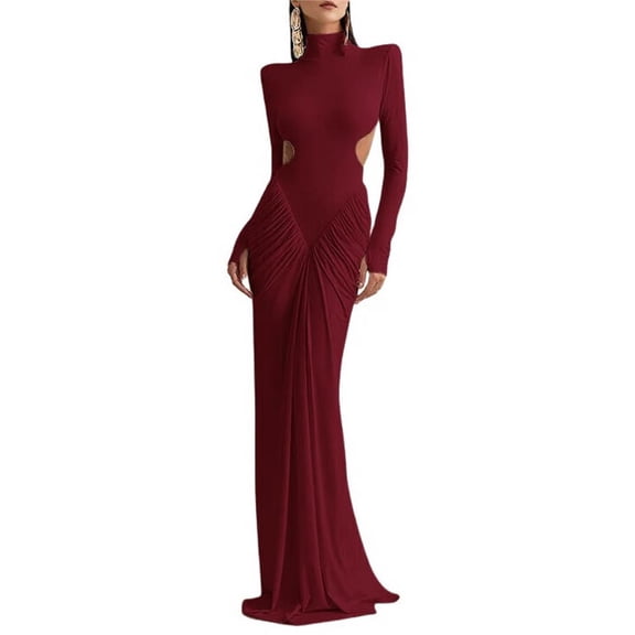 Women's Elegant Slim-Fit Long Dress with High Neck, Long Sleeves & Pleated Backless Detail Wine Red XL