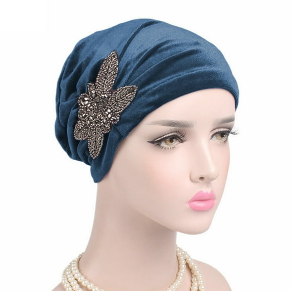 Women's Elegant Soft Velvet Turban Beanie with Beaded Flower Hat Chemo Cap Liner for Cancer Hair Loss Ladies