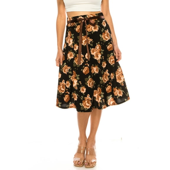 Women's Elegant Solid A-Line Midi Skirt with High Waist and Satin Tie Belt