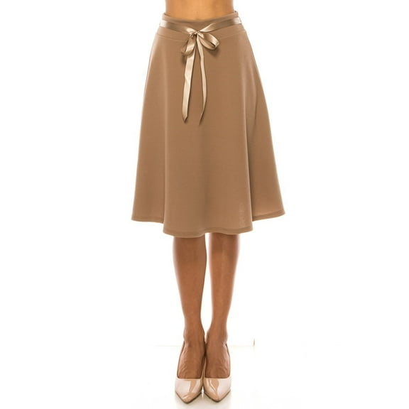 Women's Elegant Solid A-Line Midi Skirt with High Waist and Satin Tie Belt