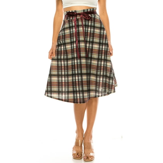 Women's Elegant Solid A-Line Midi Skirt with High Waist and Satin Tie Belt