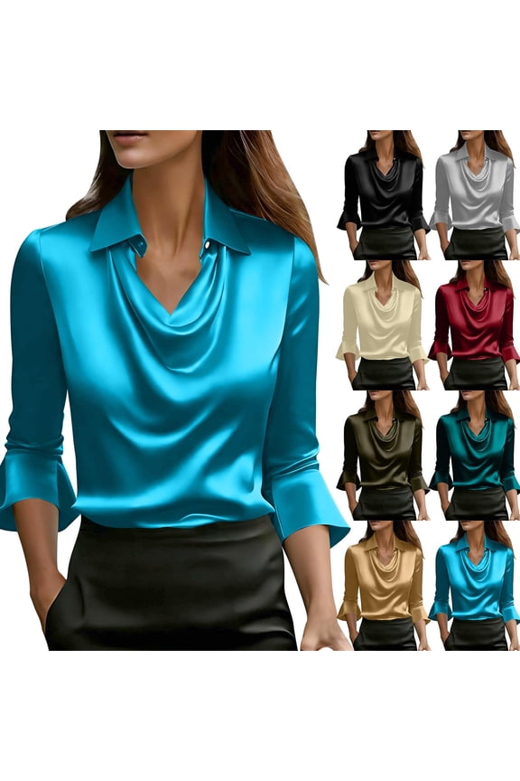 Women's Elegant Solid Color Blouse Top Shirt Tunics with Ruffled Collar Three Quarter Sleeves for Work Office Casual Wedding Party Classic Wardrobe Essential Clothing | Ihhxva,Black M