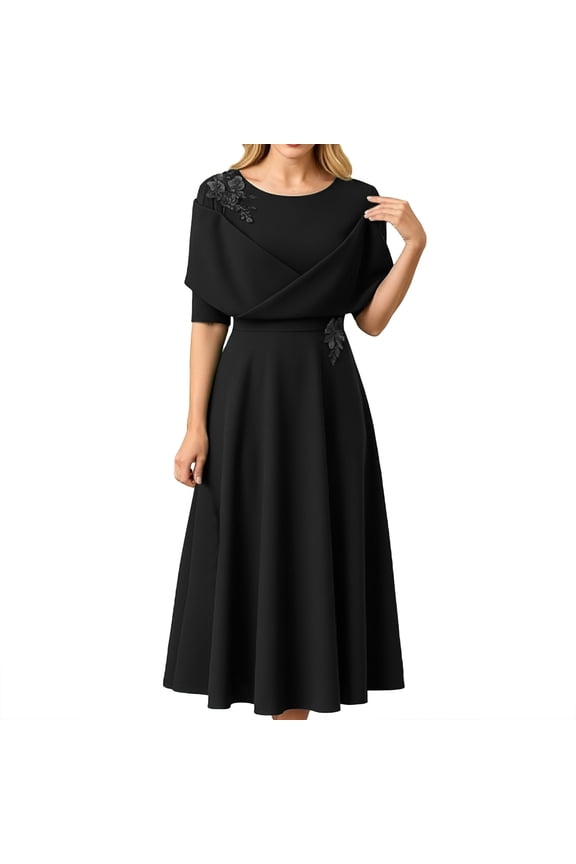 Women's Elegant Solid Color Waist Defining Short Sleeve Party Wedding Mother Of The Bride Dress Black XXL