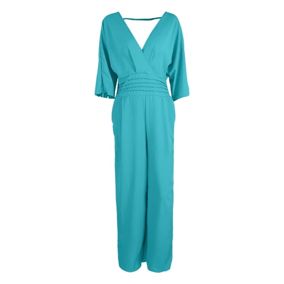 Women's Elegant Solid Color Waist V Neck Jumpsuit - Wide Leg Pants, One Piece Romper, Suitable for Party Wedding Beach Vacation - All Seasons