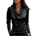 thumbnail image 1 of Women's Elegant Solid Satin Cowl Neck Blouse Long Sleeves Casual Business Dressy Shirts Office Work Ladies Top Black L, 1 of 5