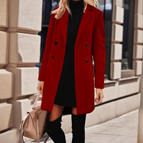 Women's Elegant Solid Wool Pea Coat - Stand Collar Button Front with Pockets, Thickened Inner Lining Long Sleeve, Warm Casual Fall/Winter Outerwear Red L