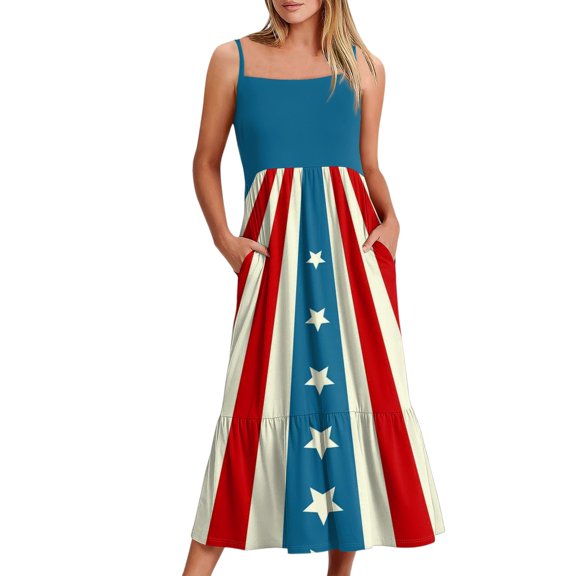 Women's Elegant Spaghetti Strap Bohemian Maxi Dress, Patriotic Red Black Striped Star Print Summer Beach Sundress with Pockets for 4th of July,Royal Blue S