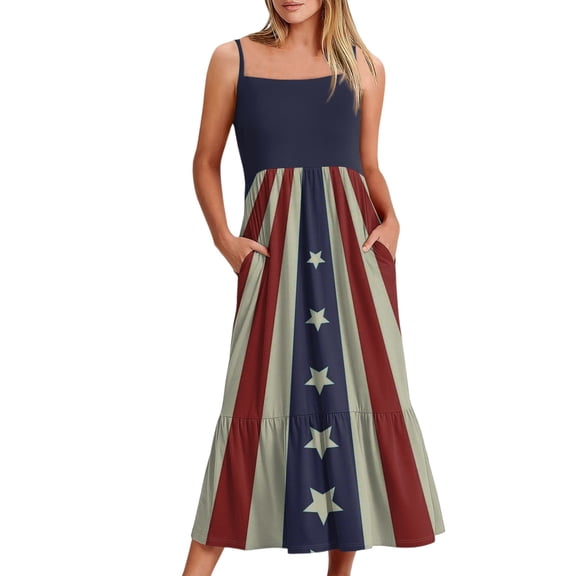 Women's Elegant Spaghetti Strap Bohemian Maxi Dress, Patriotic Red Black Striped Star Print Summer Beach Sundress with Pockets for 4th of July,Wine XL