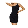 thumbnail image 1 of Women's Elegant Sparkly Glitter One - Shoulder Ruched Slim Fit Bodycon Mini Party Cocktail Dress, 1 of 1