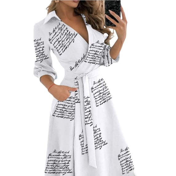 Women's Elegant Spring Autumn Lace Up Medium Long Sleeve Dress Vintage Plain Print V-Neck Wrap Midi Long Dress, beige, S