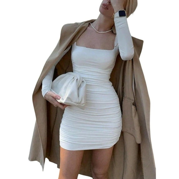 Women’s Elegant Square Neck Long Sleeve Dress – Fitted Waist Pleated Bodycon Party Cocktail Outfit