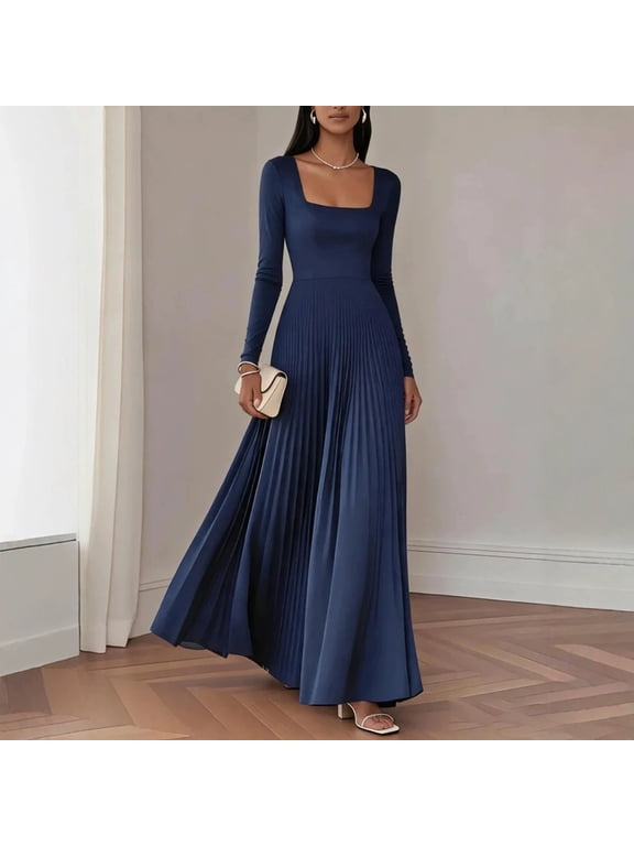 Women's Elegant Square Neck Long Sleeve Ruched Flowy Maxi Dress – Formal Slim Flowy Evening Party Dress Navy Blue,M