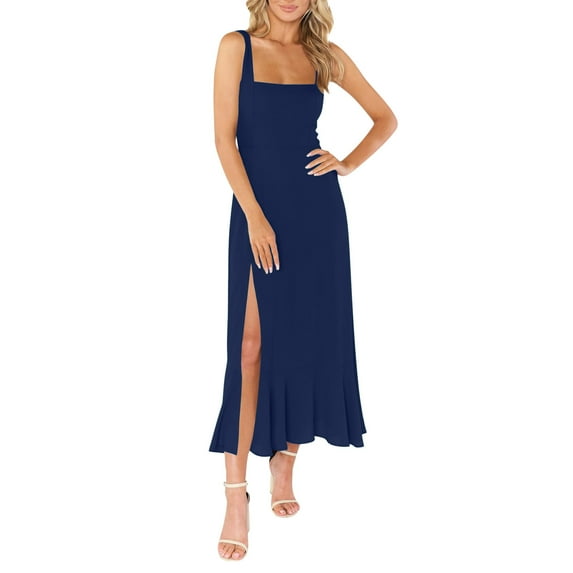Women's Elegant Square Neck Ruffle Side Split Midi Formal Dress Solid Color Sleeveless Slip Maxi Dresses With Belt